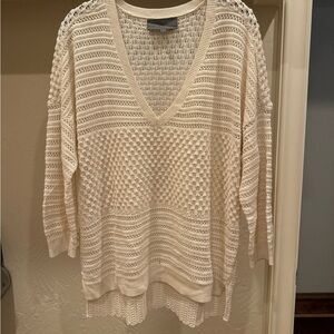 Anthropologie Cream V-Neck Sweater with Geometric Knit